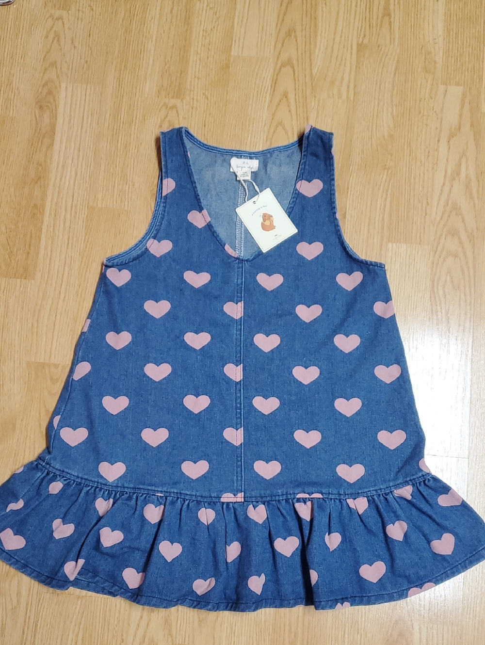 Denim Heart Print Girls Ruffle Hem Dress - Pink Hearts Size 8-9y Cotton